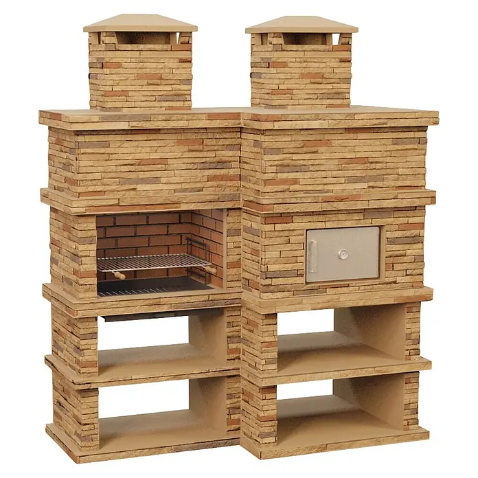 Sotnas Barbacoa con horno Londres - Castaño, An x Pr x Al: 206 x 98 x 245 cm, Superficie parrilla: 69 x 48 cm, Derecha - Unidad de barbacoa exterior modular de piedra beige con parrilla, horno y estantes abiertos.