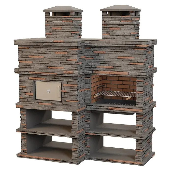 Sotnas Barbacoa con horno Londres - Gris, An x Pr x Al: 206 x 98 x 245 cm, Superficie parrilla: 69 x 48 cm, Izquierda - Cocina exterior esquinera con revestimiento de piedra, con barbacoa, horno de pizza y estantes, coronada por dos chimeneas.