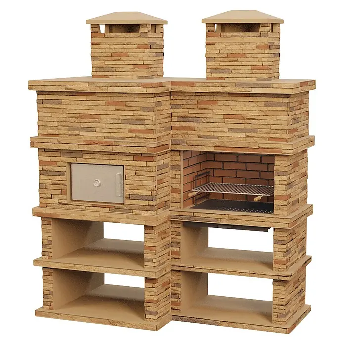 Sotnas Barbacoa con horno Londres - Castaño, An x Pr x Al: 206 x 98 x 245 cm, Superficie parrilla: 69 x 48 cm, Izquierda - Unidad de barbacoa doble exterior de piedra sintética beige con horno de pizza integrado, parrilla y estantes inferiores.