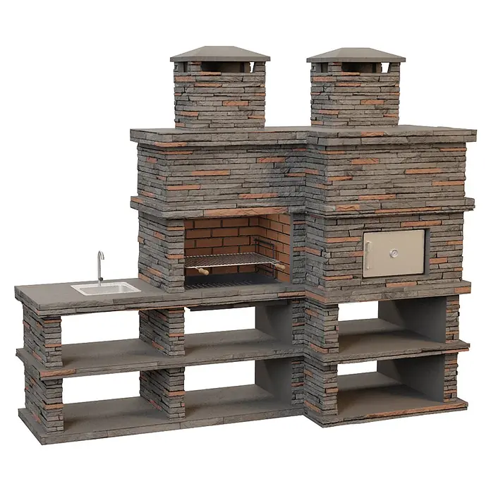 Sotnas Barbacoa con horno Londres - Gris, An x Pr x Al: 286 x 98 x 245 cm, Derecha - Cocina exterior multifuncional de aspecto de piedra, con parrilla, fregadero, horno y estantes de almacenamiento.
