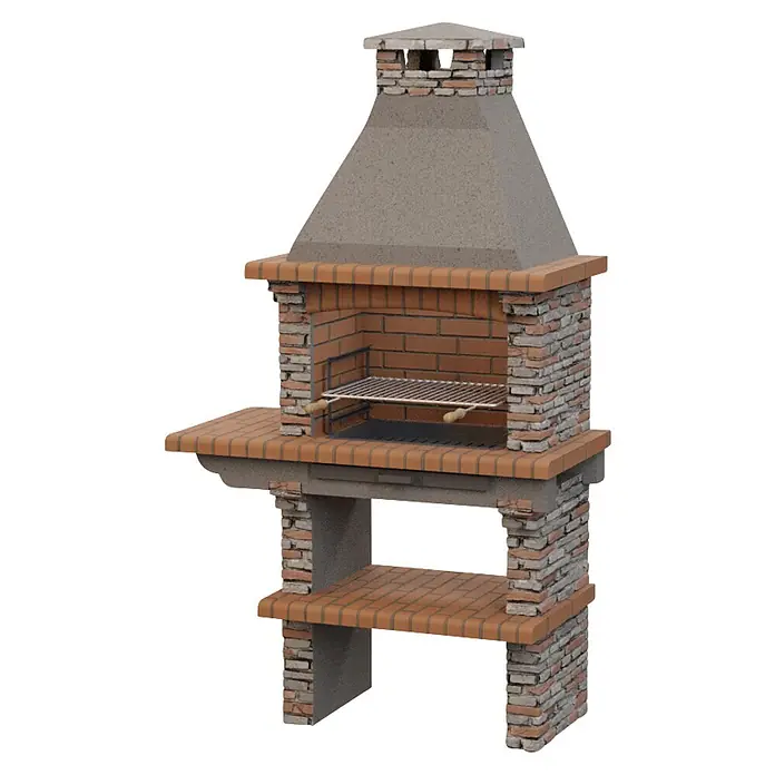 Sotnas Barbacoa de obra Paris - Gris, An x Pr x Al: 126 x 60 x 221 cm, Superficie parrilla: 60 x 38 cm, Izquierda - Barbacoa de ladrillo y hormigón con chimenea y estantes laterales para cocinar al aire libre. Con parrilla de metal.