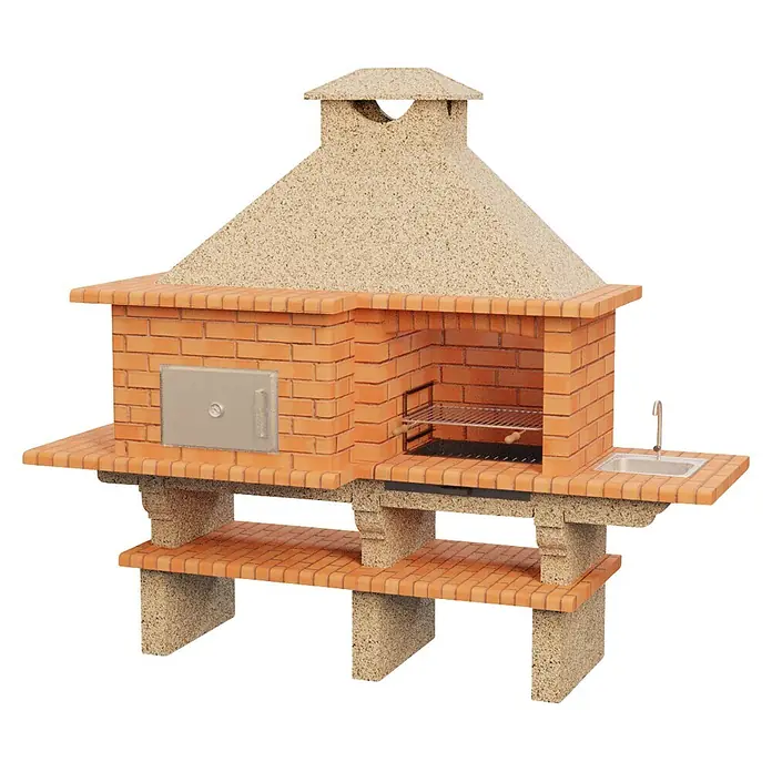 Sotnas Barbacoa con horno Roma - Crema/Ladrillo, An x Pr x Al: 268 x 96 x 236 cm, Superficie parrilla: 60 x 38 cm, Izquierda/Cemento - Cocina exterior de ladrillo con parrilla, horno de pizza y fregadero, sobre base de piedra beige con estantes.