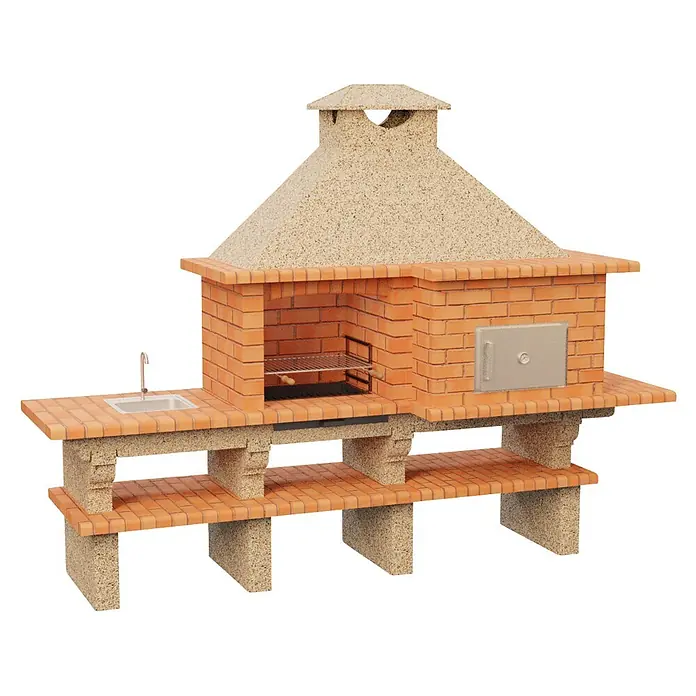 Sotnas Barbacoa con horno Roma - Crema/Ladrillo, An x Pr x Al: 304 x 96 x 236 cm, Superficie parrilla: 60 x 38 cm, Derecha/Cemento - Barbacoa de ladrillo y cocina exterior con fregadero, parrilla y horno, con campana y base de textura clara.