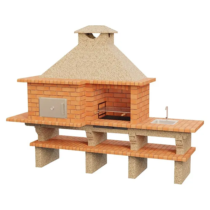 Sotnas Barbacoa con horno Roma - Crema/Ladrillo, An x Pr x Al: 304 x 96 x 236 cm, Superficie parrilla: 60 x 38 cm, Izquierda/Cemento - Barbacoa de ladrillo con parrilla, horno y fregadero integrados, y estantes inferiores de almacenaje.