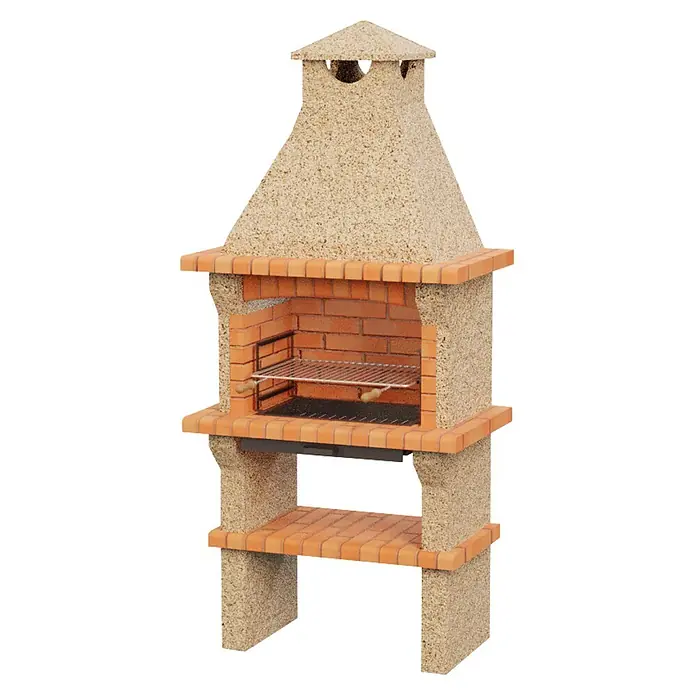 Sotnas Barbacoa de obra Barcelos - Crema/Ladrillo, An x Pr x Al: 98 x 60 x 217 cm, Superficie parrilla: 60 x 38 cm, Piedra - Barbacoa de exterior de dos niveles, de piedra clara y ladrillos rojizos, con parrilla metálica.