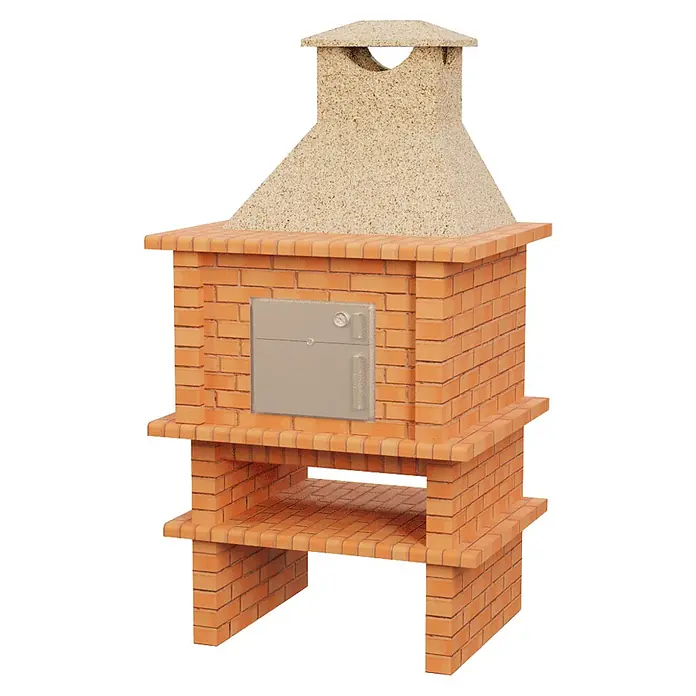 Sotnas Horno de piedra Roma - An x Pr x Al: 127 x 108 x 243 cm, Cemento de aluminato de calcio - Horno de ladrillo para exteriores con chimenea granular, puerta metálica y dos estantes inferiores.