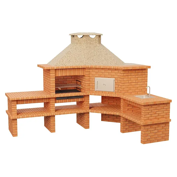 Sotnas Barbacoa con horno Roma - Crema/Ladrillo, An x Pr x Al: 310 x 73 x 237 cm, Superficie parrilla: 69 x 48 cm, Derecha/Ladrillo - Gran barbacoa exterior de ladrillo naranja con campana color arena integrada, horno y fregadero.