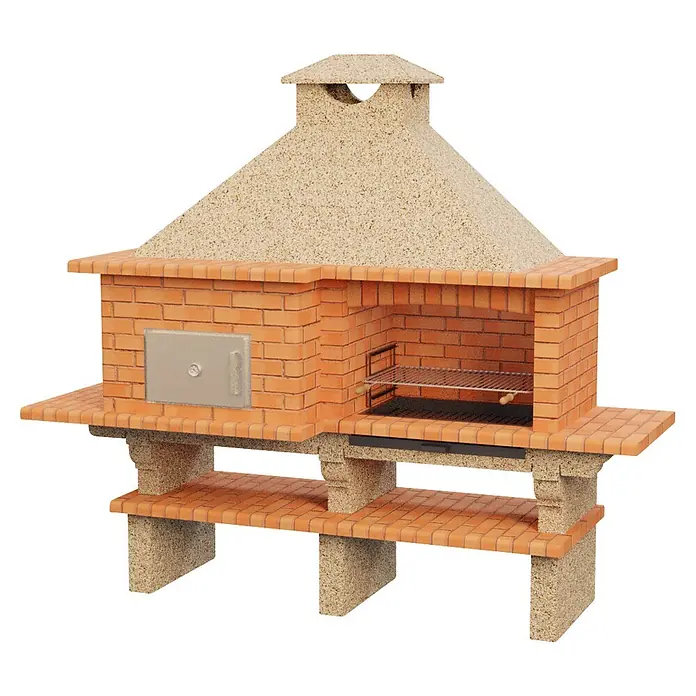 Sotnas Barbacoa con horno Roma - Crema/Ladrillo, An x Pr x Al: 266 x 96 x 238 cm, Superficie parrilla: 78 x 48 cm, Izquierda/Cemento - Barbacoa y horno de exterior de ladrillo naranja y piedra clara con estantes integrados.
