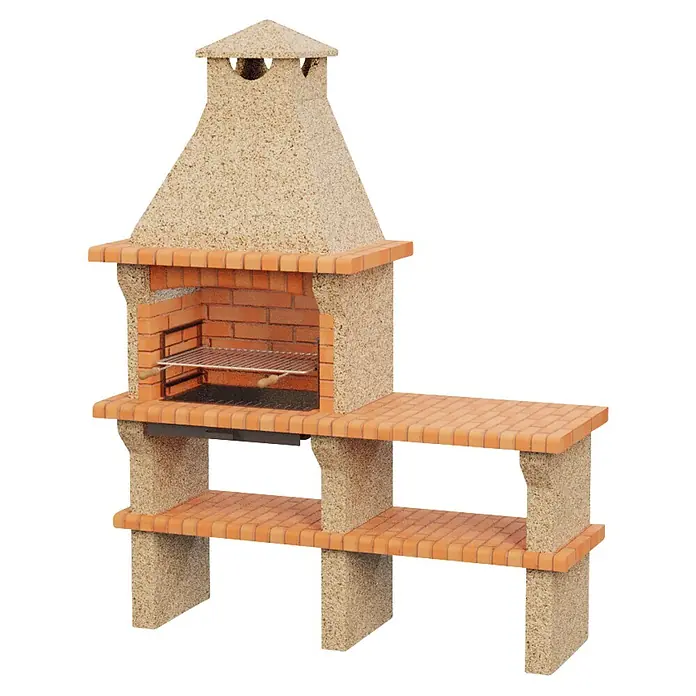 Sotnas Barbacoa de obra Barcelos con mesa - Crema/Ladrillo, An x Pr x Al: 170 x 60 x 217 cm, Superficie parrilla: 60 x 38 cm, Derecha sin fregadero - Una barbacoa de piedra clara y ladrillo con chimenea, parrilla y estantes laterales integrados para cocinar al aire libre.