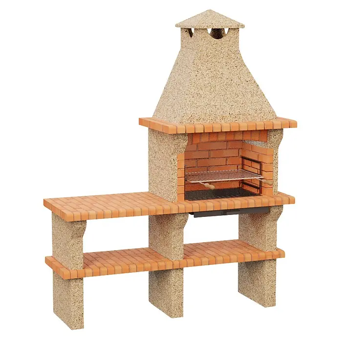 Sotnas Barbacoa de obra Barcelos con mesa - Crema/Ladrillo, An x Pr x Al: 170 x 60 x 217 cm, Superficie parrilla: 60 x 38 cm, Izquierda sin fregadero - Barbacoa de jardín de piedra y ladrillo con chimenea, mostrador lateral y estante inferior para exteriores.