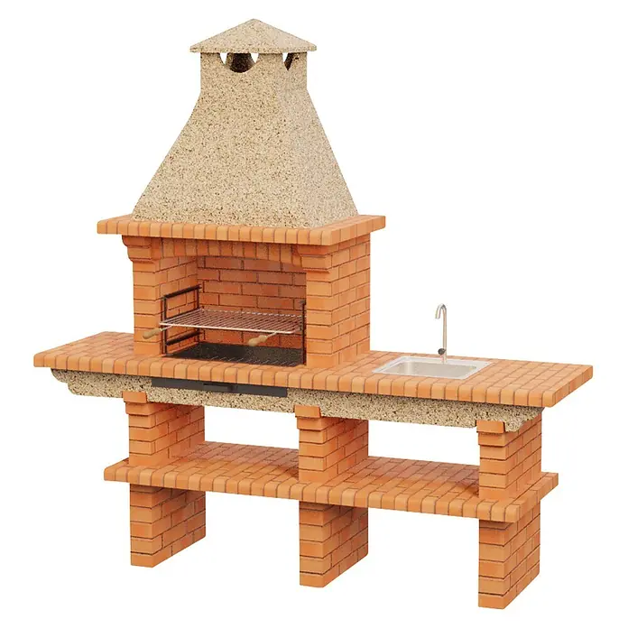 Sotnas Barbacoa de obra Barcelos Ladrillo con mesa - Crema/Ladrillo, An x Pr x Al: 214 x 60 x 219 cm, Superficie parrilla: 60 x 38 cm, Derecha con fregadero - Barbacoa de ladrillo para exteriores con campana de arena, fregadero integrado y estantes inferiores.