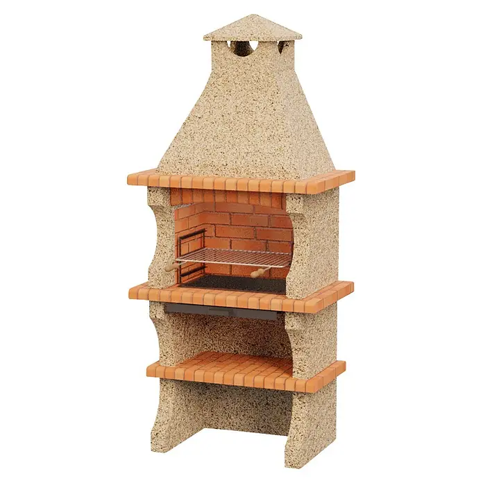 Sotnas Barbacoa de obra Barcelos Cerrada - Crema/Ladrillo, An x Pr x Al: 98 x 60 x 218 cm, Superficie parrilla: 60 x 38 cm, Sin mesa - Barbacoa de jardín independiente de piedra beige clara texturizada y ladrillos rojizos, con chimenea, parrillas metálicas y estantes inferiores.