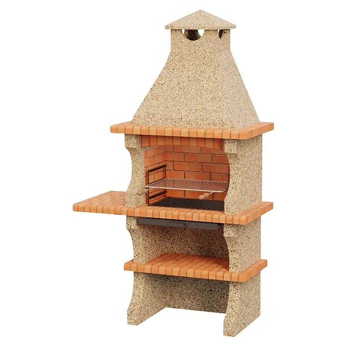 Sotnas Barbacoa de obra Barcelos Cerrada - Crema/Ladrillo, An x Pr x Al: 128 x 60 x 219 cm, Superficie parrilla: 60 x 38 cm, Izquierda - Barbacoa exterior de hormigón claro y ladrillo con parrilla de metal y estantes laterales.