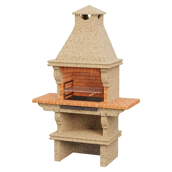 Sotnas Barbacoa de obra Barcelos doble mesa - Crema/Ladrillo, An x Pr x Al: 146 x 60 x 227 cm, Superficie parrilla: 60 x 38 cm, Acabado Piedra - Una barbacoa de jardín de piedra beige claro moteada con hogar de ladrillos, parrilla metálica y chimenea. Incluye una superficie de trabajo lateral.