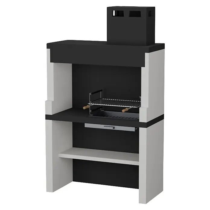 Sotnas Barbacoa de obra Maiorca - Blanco/Negro, An x Pr x Al: 119 x 55 x 206 cm, Superficie parrilla: 60 x 38 cm - Barbacoa exterior bicolor negra y gris claro con chimenea, parrilla y estante inferior.