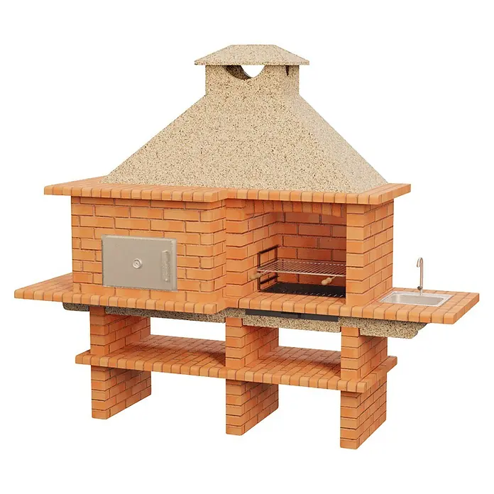 Sotnas Barbacoa con horno Roma - Crema/Ladrillo, An x Pr x Al: 268 x 96 x 236 cm, Superficie parrilla: 60 x 38 cm, Izquierda/Ladrillo - Cocina exterior de ladrillo con horno, parrilla y fregadero, con una campana texturizada color arena.