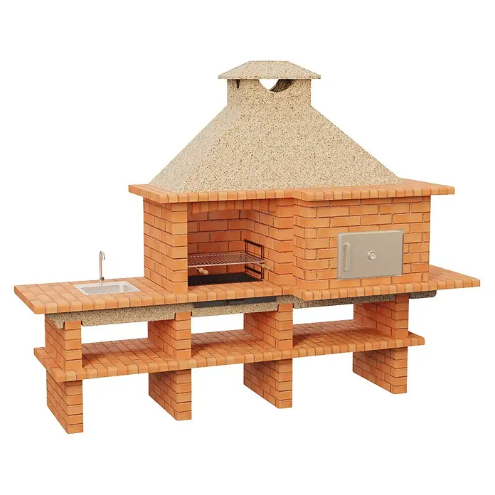 Sotnas Barbacoa con horno Roma - Crema/Ladrillo, An x Pr x Al: 304 x 96 x 236 cm, Superficie parrilla: 60 x 38 cm, Derecha/Ladrillo - Unidad de barbacoa y horno de pizza de ladrillo con fregadero, chimenea beige y estantes.