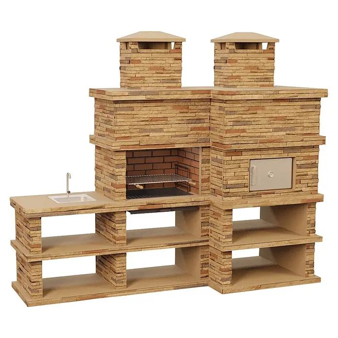 Sotnas Barbacoa con horno Londres - Castaño, An x Pr x Al: 286 x 98 x 245 cm, Derecha - Cocina exterior multifuncional de mampostería de ladrillo marrón claro, con parrilla, fregadero y horno.