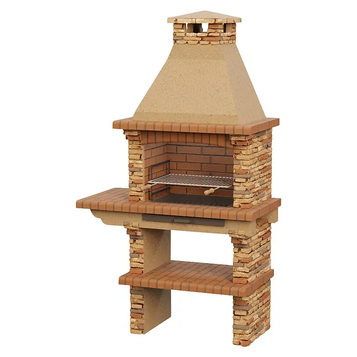 Sotnas Barbacoa de obra Paris - Castaño, An x Pr x Al: 126 x 60 x 221 cm, Superficie parrilla: 60 x 38 cm, Izquierda - Barbacoa de jardín independiente de ladrillo y hormigón marrón claro, con chimenea, parrilla y estante inferior.