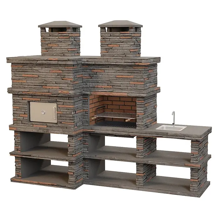 Sotnas Barbacoa con horno Londres - Gris, An x Pr x Al: 286 x 98 x 245 cm, Izquierda - Cocina exterior modular de piedra gris con horno, barbacoa, fregadero y estantes.