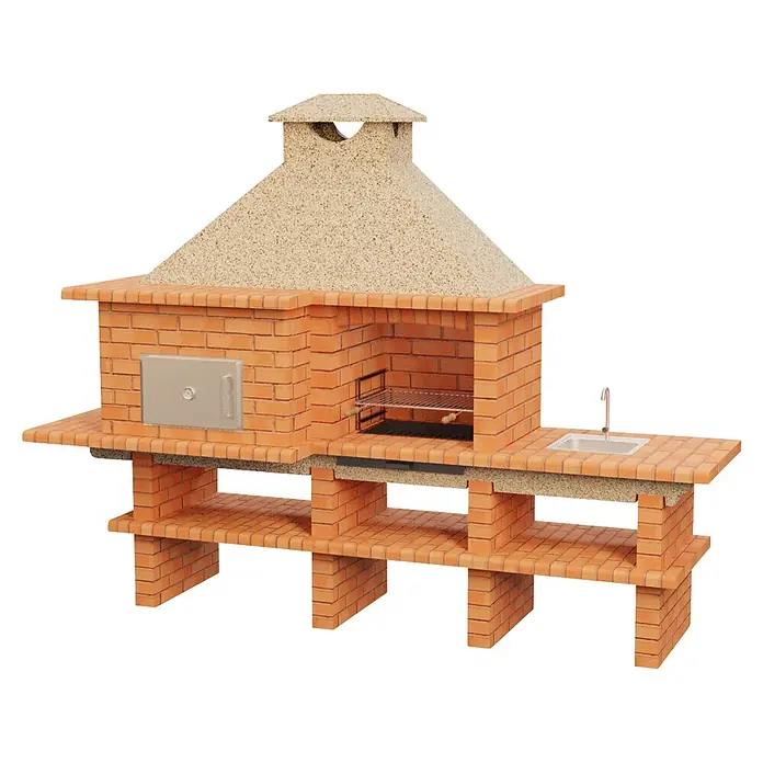 Sotnas Barbacoa con horno Roma - Crema/Ladrillo, An x Pr x Al: 304 x 96 x 236 cm, Superficie parrilla: 60 x 38 cm, Izquierda/Ladrillo - Cocina exterior de ladrillo con chimenea, horno, parrilla, fregadero y estantes, con encimeras de hormigón beige claro.