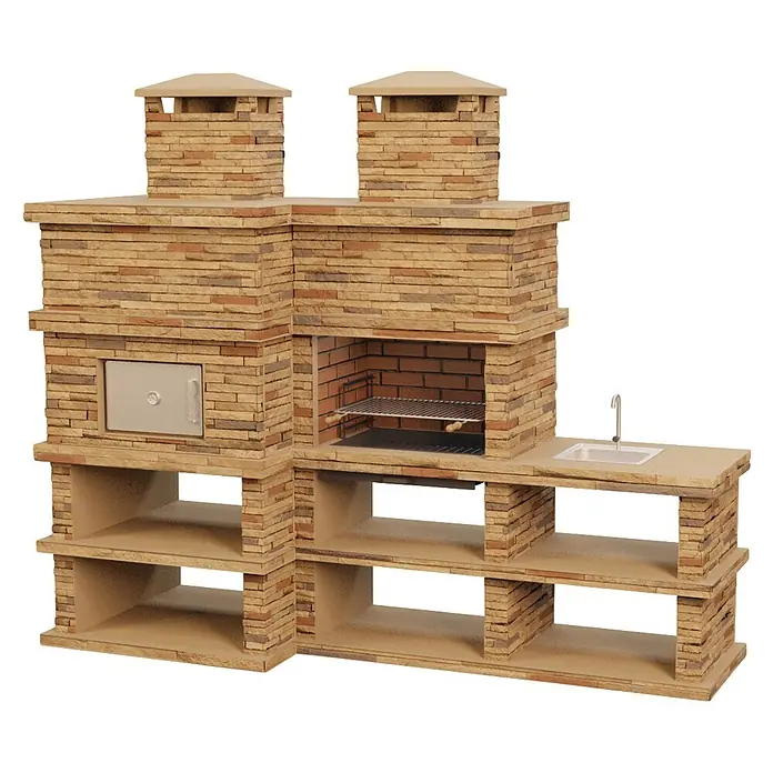 Sotnas Barbacoa con horno Londres - Castaño, An x Pr x Al: 286 x 98 x 245 cm, Izquierda - Cocina exterior modular de piedra con horno, parrilla, fregadero y estantes.