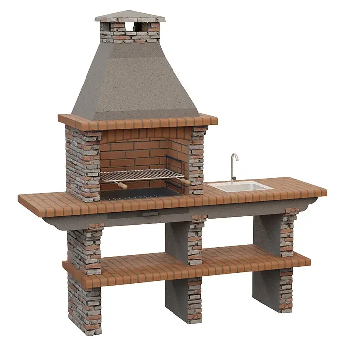 Sotnas Barbacoa de obra Paris - Gris, An x Pr x Al: 211 x 60 x 219 cm, Superficie parrilla: 60 x 38 cm, Derecha - Barbacoa de ladrillo con fregadero integrado y estantes laterales para cocinar y preparar al aire libre.