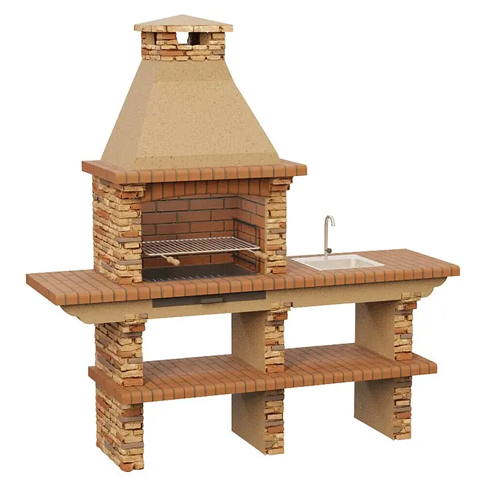 Sotnas Barbacoa de obra Paris - Castaño, An x Pr x Al: 211 x 60 x 219 cm, Superficie parrilla: 60 x 38 cm, Derecha - Barbacoa de ladrillo marrón con chimenea, fregadero integrado y estantes inferiores para cocinar al aire libre.