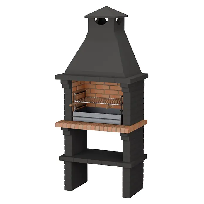 Sotnas Barbacoa de obra Monaco - Gris, An x Pr x Al: 93 x 60 x 217 cm, Superficie parrilla: 60 x 38 cm - Una barbacoa de carbón exterior de piedra gris oscuro y ladrillo, con chimenea, parrilla metálica y cajón de cenizas.