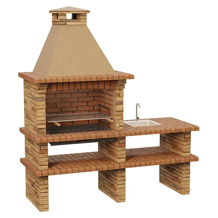 Sotnas Barbacoa de obra Berlim - Castaño, An x Pr x Al: 200 x 73 x 226 cm, Superficie parrilla: 78 x 48 cm, Derecha - Barbacoa de obra con chimenea, fregadero integrado y estantes inferiores.