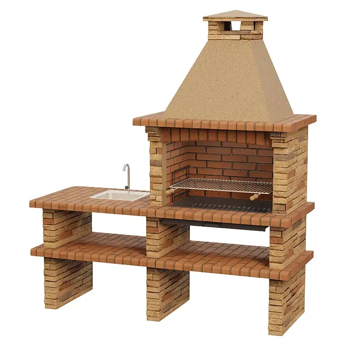 Sotnas Barbacoa de obra Berlim - Castaño, An x Pr x Al: 200 x 73 x 226 cm, Superficie parrilla: 78 x 48 cm, Izquierda - Barbacoa de ladrillo de terracota para exterior con fregadero integrado, parrilla y estantes.