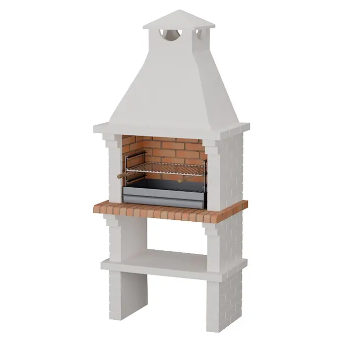 Sotnas Barbacoa de obra Monaco - Blanco, An x Pr x Al: 93 x 60 x 217 cm, Superficie parrilla: 60 x 38 cm - Barbacoa de exterior blanca y de ladrillo con chimenea, parrillas metálicas y cenicero.