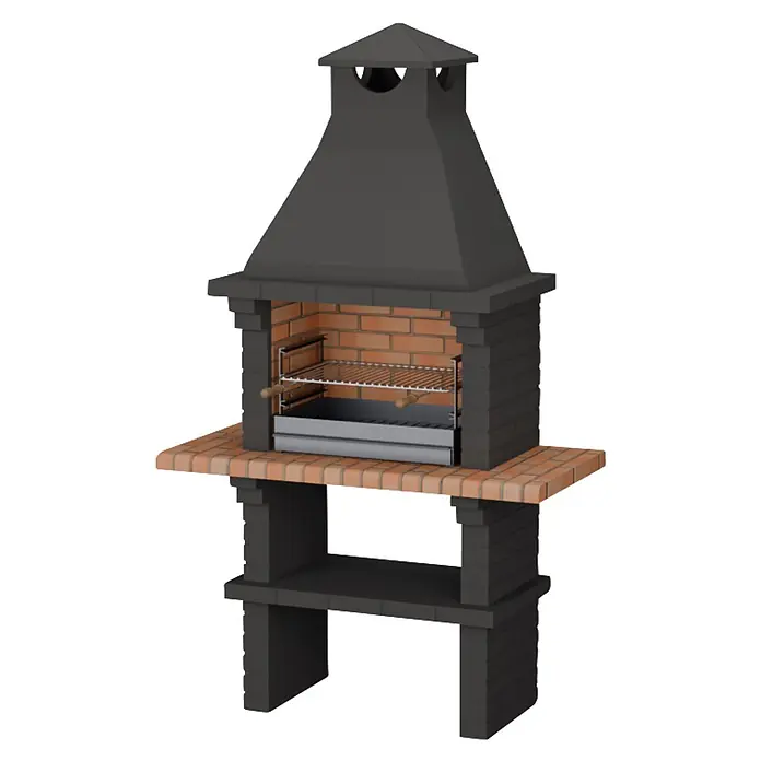 Sotnas Barbacoa de obra Monaco - Gris, An x Pr x Al: 127 x 60 x 217 cm, Superficie parrilla: 60 x 38 cm - Barbacoa de exterior con chimenea gris, hogar de ladrillo y parrilla metálica.