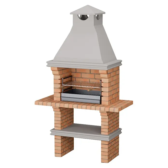 Sotnas Barbacoa de obra Luanda - Gris/Ladrillo, An x Pr x Al: 127 x 60 x 219 cm, Superficie parrilla: 60 x 38 cm, Sin fregadero - Barbacoa de ladrillo con chimenea gris y parrilla metálica, con un estante inferior.