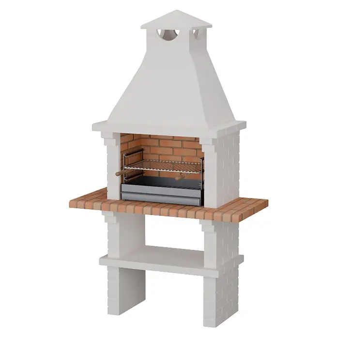 Sotnas Barbacoa de obra Monaco - Blanco, An x Pr x Al: 127 x 60 x 217 cm, Superficie parrilla: 60 x 38 cm - Barbacoa de ladrillo blanco con encimera de azulejos y parrilla metálica ajustable.