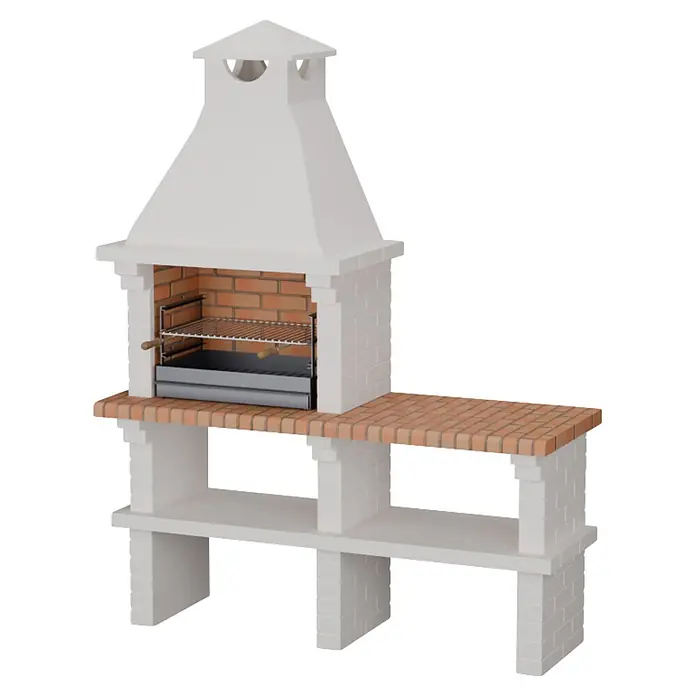 Sotnas Barbacoa de obra Monaco - Blanco, An x Pr x Al: 168 x 60 x 217 cm, Superficie parrilla: 60 x 38 cm, Sin fregadero - Barbacoa de ladrillo blanco con encimera de ladrillo marrón y parrilla metálica.