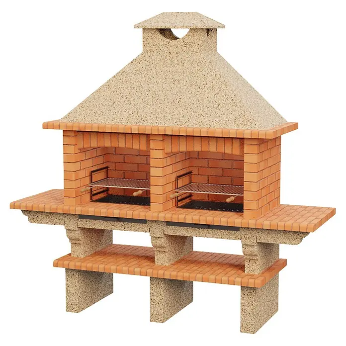 Sotnas Barbacoa de obra Barcelos doble parrilla - Crema/Ladrillo, An x Pr x Al: 246 x 73 x 237 cm, Doble parrilla de 60 x 38 cm - Barbacoa doble de ladrillo con campana y base texturizadas beige claro, dos zonas de parrilla y un estante inferior.