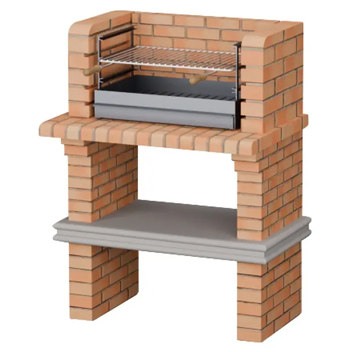 Sotnas Barbacoa de obra Luanda - Gris/Ladrillo, An x Pr x Al: 90 x 60 x 120 cm, Superficie parrilla: 60 x 38 cm, Sin fregadero - Barbacoa de ladrillo marrón claro con rejilla metálica, bandeja para carbón y estante gris inferior.