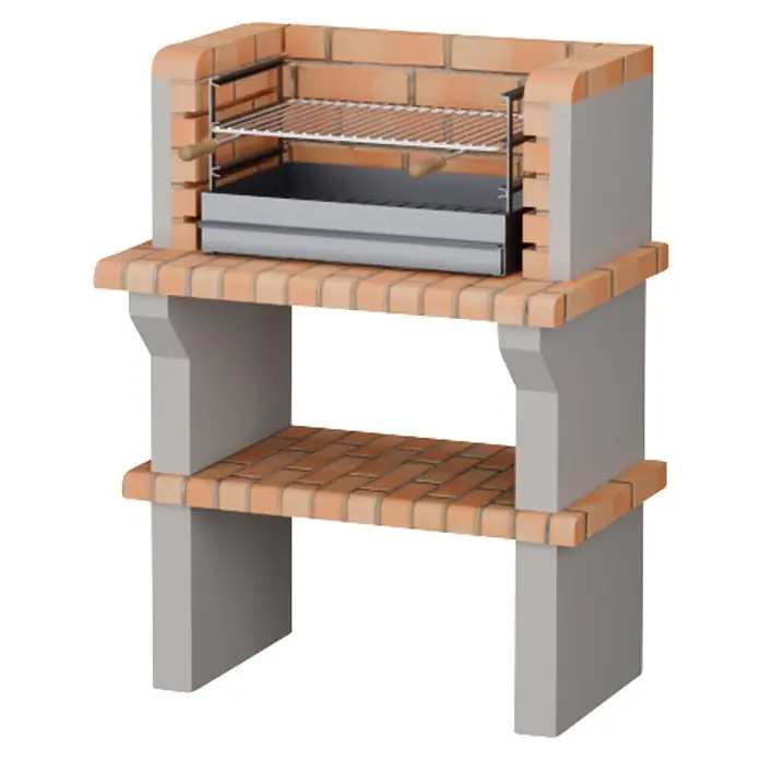 Sotnas Barbacoa de obra Benguela - Gris/Ladrillo, An x Pr x Al: 90 x 60 x 121 cm, Superficie parrilla: 60 x 38 cm, Sin fregadero - Parrilla de ladrillo y hormigón independiente con rejilla de metal, bandeja para carbón y estante inferior.