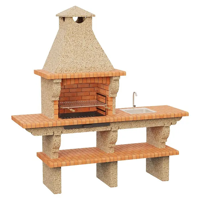 Sotnas Barbacoa de obra Barcelos con mesa - Crema/Ladrillo, An x Pr x Al: 214 x 60 x 223 cm, Superficie parrilla: 60 x 38 cm, Derecha con fregadero - Barbacoa de exterior de ladrillo y piedra con chimenea, fregadero integrado, parrilla metálica y estantes inferiores.