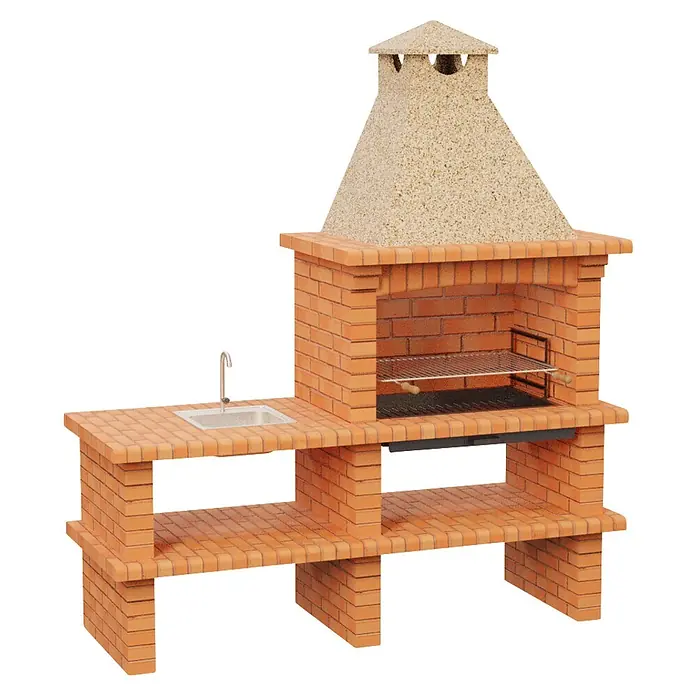 Sotnas Barbacoa de obra Barcelos Ladrillo con mesa - Crema/Ladrillo, An x Pr x Al: 202 x 73 x 231 cm, Superficie parrilla: 79 x 48 cm, Izquierda con fregadero - Barbacoa exterior de ladrillo naranja con chimenea, parrilla, fregadero con grifo y estantes inferiores.