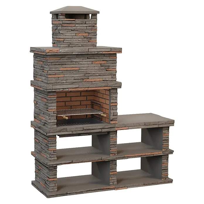 Sotnas Barbacoa de obra Londres - Gris, An x Pr x Al: 186 x 68 x 245 cm, Superficie parrilla: 69 x 48 cm, Derecha sin fregadera - Barbacoa de piedra exterior con chimenea y estantes laterales, parrilla dentro de la cámara de ladrillo.