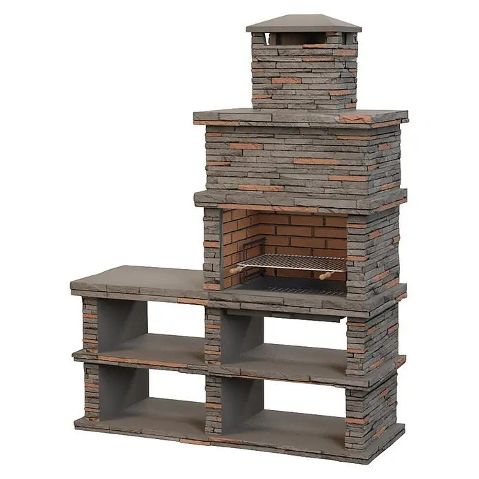 Sotnas Barbacoa de obra Londres - Gris, An x Pr x Al: 186 x 68 x 245 cm, Superficie parrilla: 69 x 48 cm, Izquierda sin fregadera - Barbacoa de piedra para exterior con chimenea y estantes laterales integrados, con hogar de ladrillo y parrilla metálica.