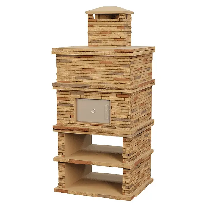 Sotnas Horno de piedra Londres - Castaño, An x Pr x Al: 109 x 98 x 245 cm, Cemento de aluminato de calcio - Horno exterior alto de piedra apilada con chimenea, puerta metálica y dos estantes.
