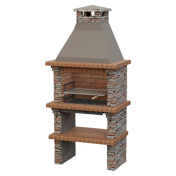 Sotnas Barbacoa de obra Paris - Gris, An x Pr x Al: 96 x 60 x 221 cm, Superficie parrilla: 60 x 38 cm - Barbacoa de exterior de ladrillos rojizos y piedra gris con chimenea, parrilla y estantes inferiores.