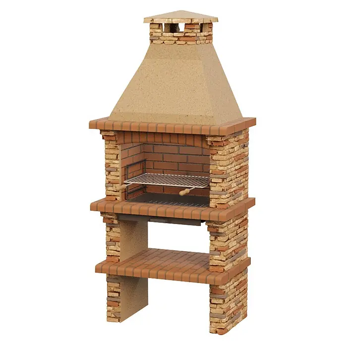 Sotnas Barbacoa de obra Paris - Castaño, An x Pr x Al: 96 x 60 x 221 cm, Superficie parrilla: 60 x 38 cm - Barbacoa de piedra y ladrillo con chimenea y estante inferior, con parrillas metálicas para cocinar.