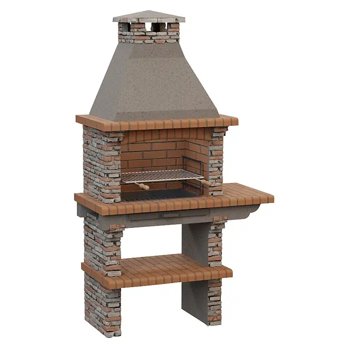 Sotnas Barbacoa de obra Paris - Gris, An x Pr x Al: 126 x 60 x 221 cm, Superficie parrilla: 60 x 38 cm, Derecha - Barbacoa de jardín de ladrillo y hormigón con parrilla metálica, mesa lateral y estante inferior para cocinar al aire libre.