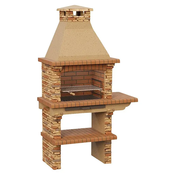 Sotnas Barbacoa de obra Paris - Castaño, An x Pr x Al: 126 x 60 x 221 cm, Superficie parrilla: 60 x 38 cm, Derecha - Barbacoa de jardín de varios niveles hecha de piedra clara y ladrillos rojizos, con chimenea y parrilla metálica.