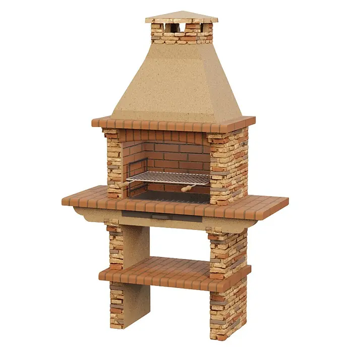 Sotnas Barbacoa de obra Paris - Castaño, An x Pr x Al: 144 x 60 x 219 cm, Superficie parrilla: 60 x 38 cm - Barbacoa exterior de ladrillo claro y hormigón, con chimenea y parrilla.