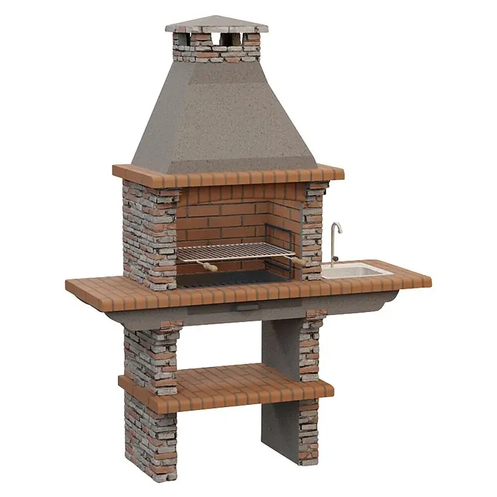 Sotnas Barbacoa de obra Paris - Gris, An x Pr x Al: 164 x 60 x 219 cm, Superficie parrilla: 60 x 38 cm, Derecha - Barbacoa de ladrillo exterior con campana y chimenea gris, parrilla metálica integrada y fregadero lateral.